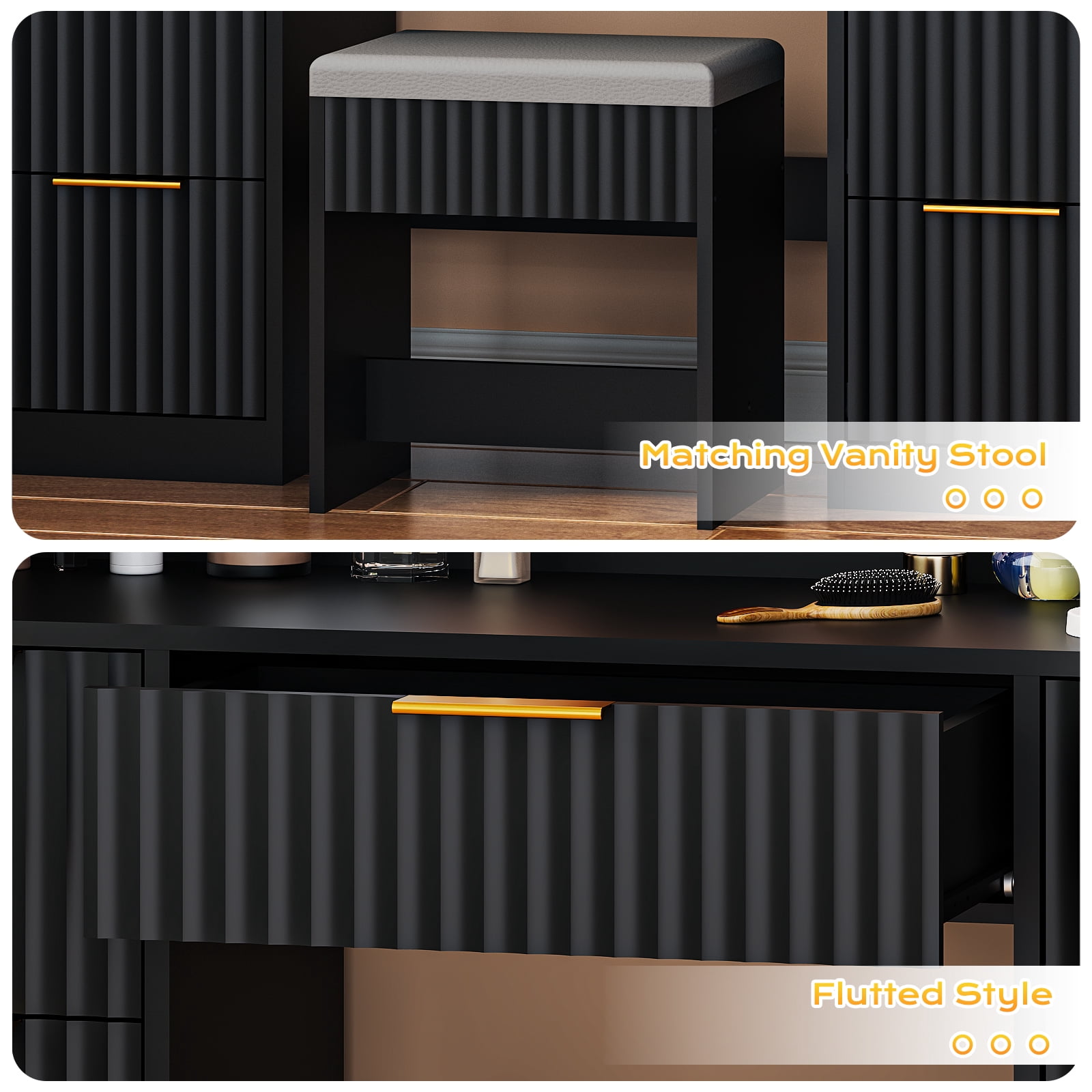 Zimtown Modern Makeup Vanity Table Set with LED Lights , Mirror and Charging Station, Dressing Desk with 2 Drawers for Bedroom, Black