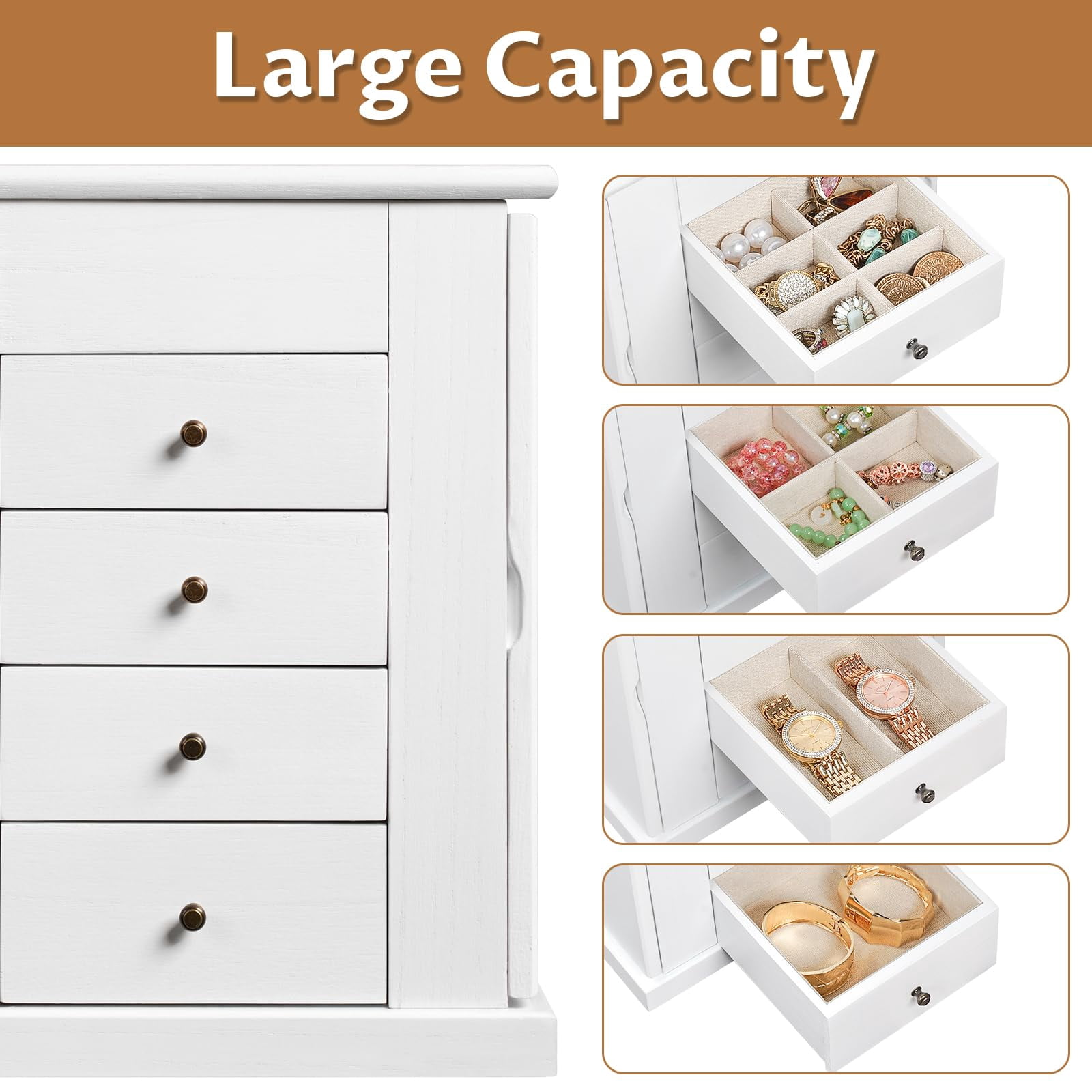 Jewelry Box for Women, 5 Layer Large Wood Boxes & Organizers for Necklaces Earrings Rings Bracelets, Rustic Organizer with Drawers and Mirror, White