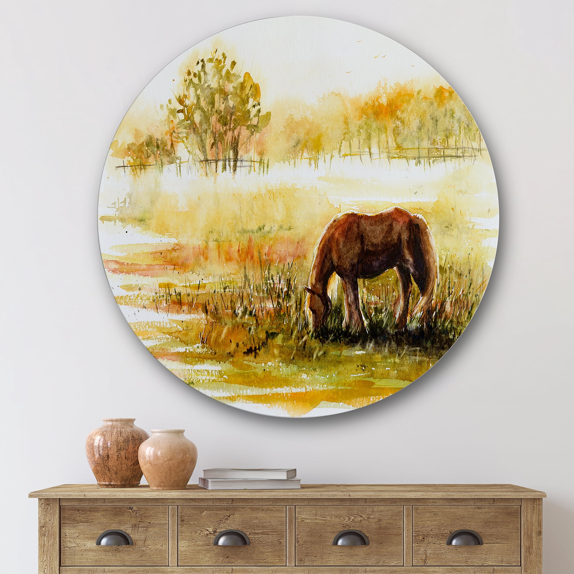 Designart 'Horse Eating Grass On A Meadow' Farmhouse Circle Metal Wall Art 36x36 - Disc of 36