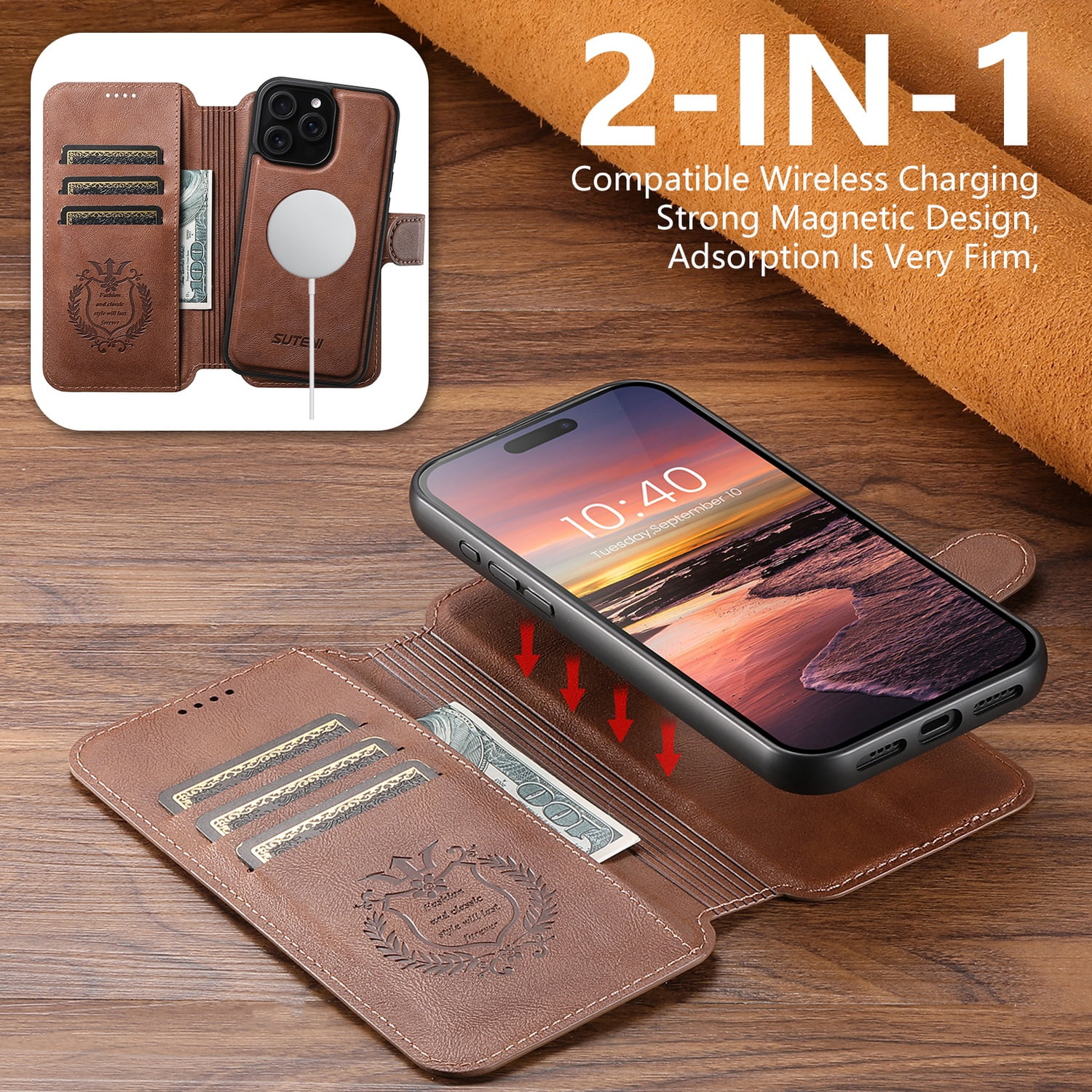 for iPhone 14 Pro Max Detachable Wallet Case, PU Leather Magnetic Cover Support Wireless Charging & Magnetic Car Mount, Card Slots Holder, Flip Stand, Folio Full Body Protective Phone Shell, Brown