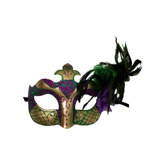 Purple Gold Green Mardi Gras Fleur De Lis Venetian Feather Masquerade Mask