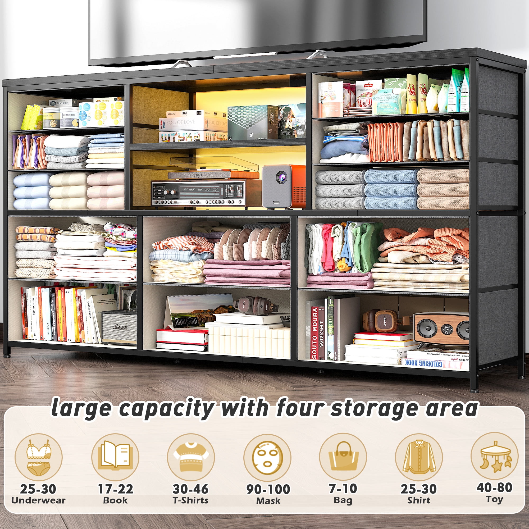 EnHomee Wide Dressers for Bedroom TV Stand for Living Room LED 12 Fabric Drawers Storage Dresser with Power Outlet,49.2''L Grey