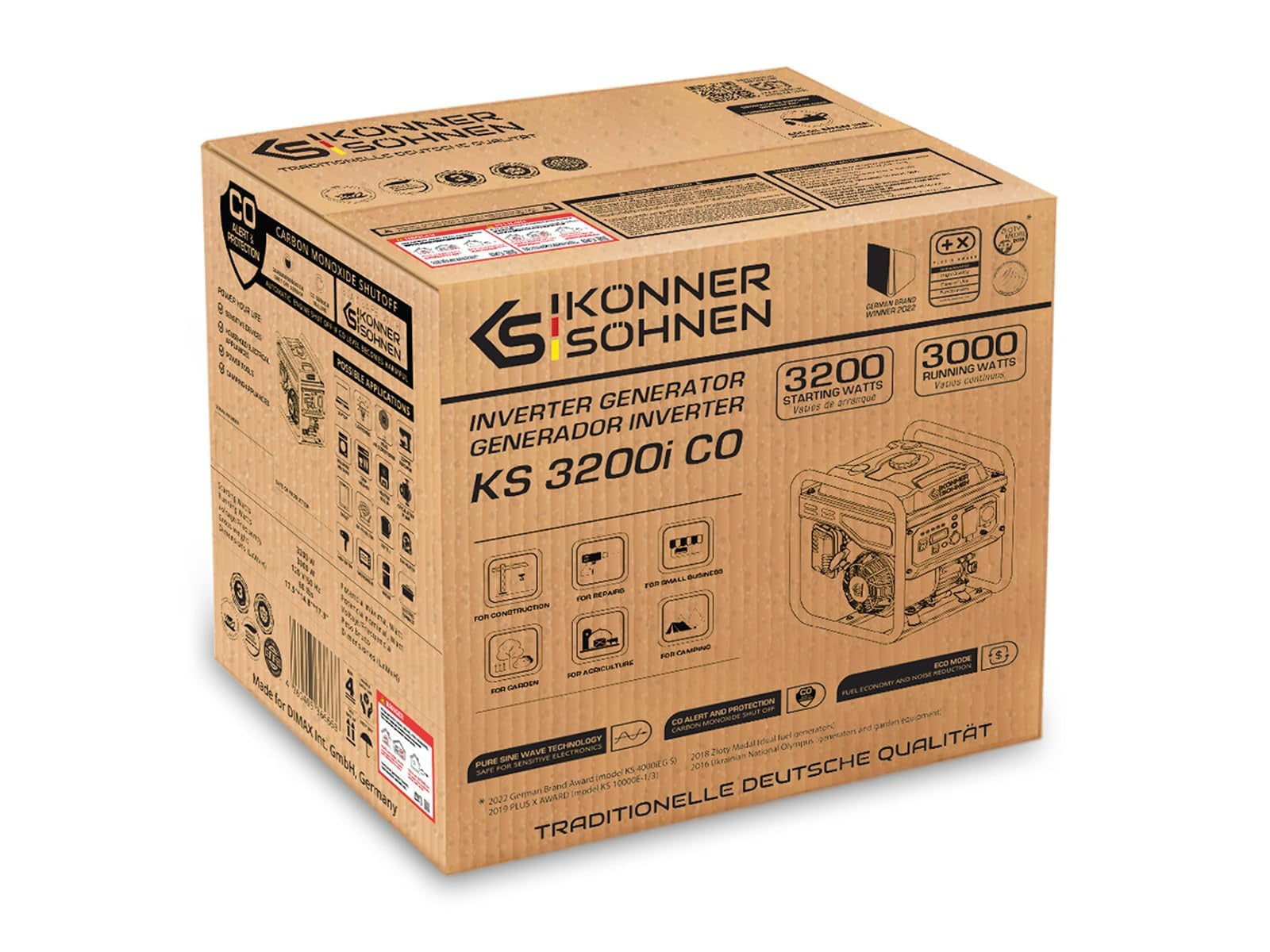 Konner & Sohnen Gasoline Inverter Generator 3200 Watts with CO Sensor and Fuel-Efficient Technology Open Frame Recoil Start for Home Backup Camping