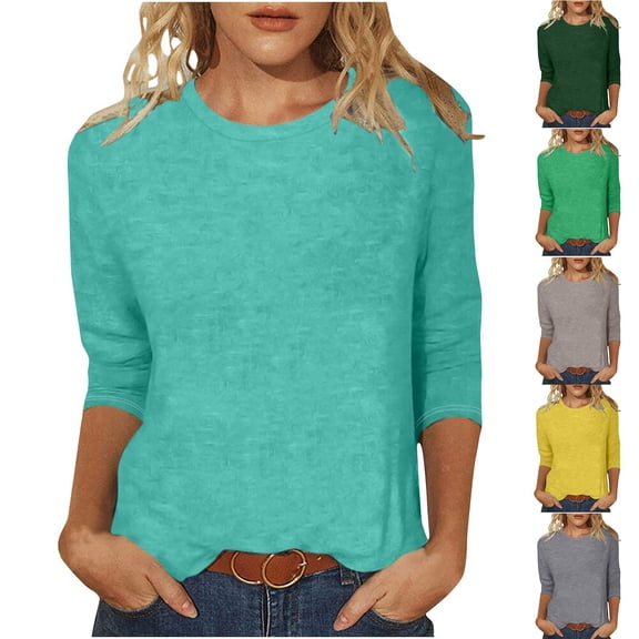 Jsaierl Tops for Women 3/4 Sleeve Casual Round Neck Shirts Cute Solid Petite Blouses Going Out Vacation Tunic Top S-2XL