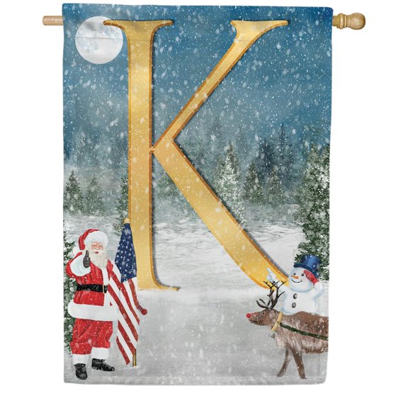America Forever Monogram Christmas House Flag Letter K 28 x 40 inch Double Sided USA Patriotic Snowman and Santa Christmas Holiday Yard Outdoor Decoration