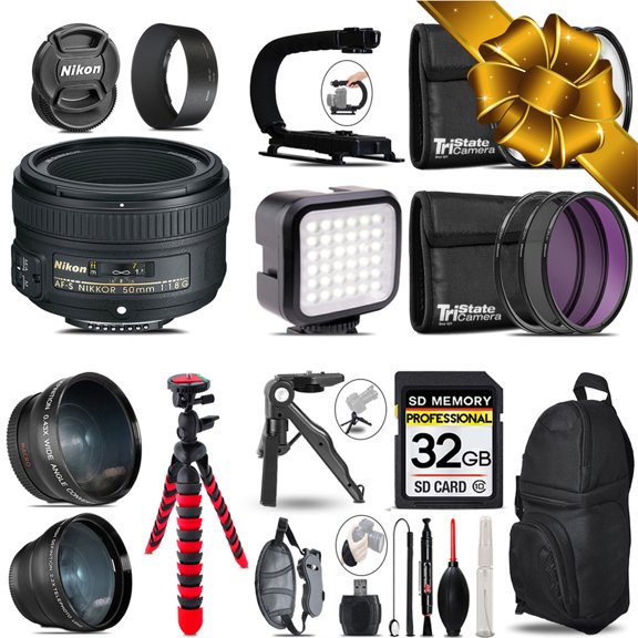 Nikon AF-S 50mm f/ 1.8G-Video Kit   LED KIt   Monopad - 32GB Accessory Bundle