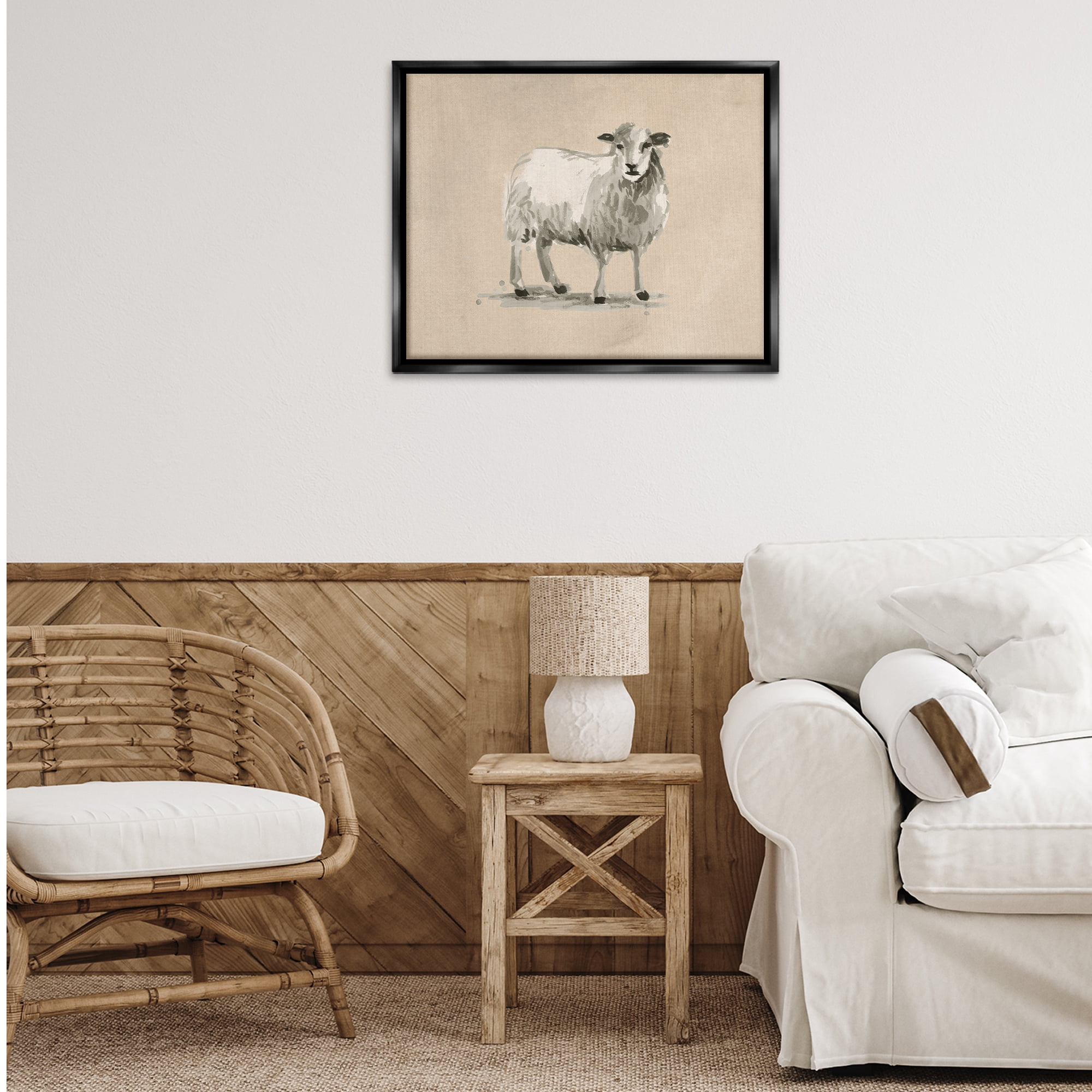 Stupell Industries Gazing Sheep on Beige Animals & Insects Painting Black Floater Framed Canvas Art Print Wall Art, 31 x 25