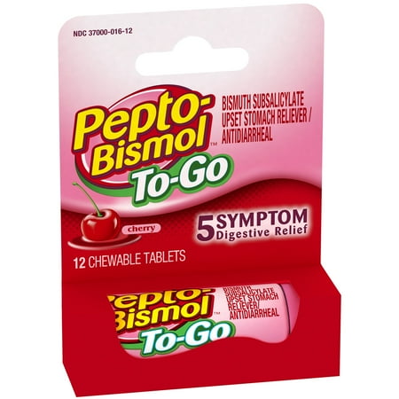 Pepto-Bismol To-Go Cherry Flavor Digestive Relief Chewable Tablets 12 ct Box