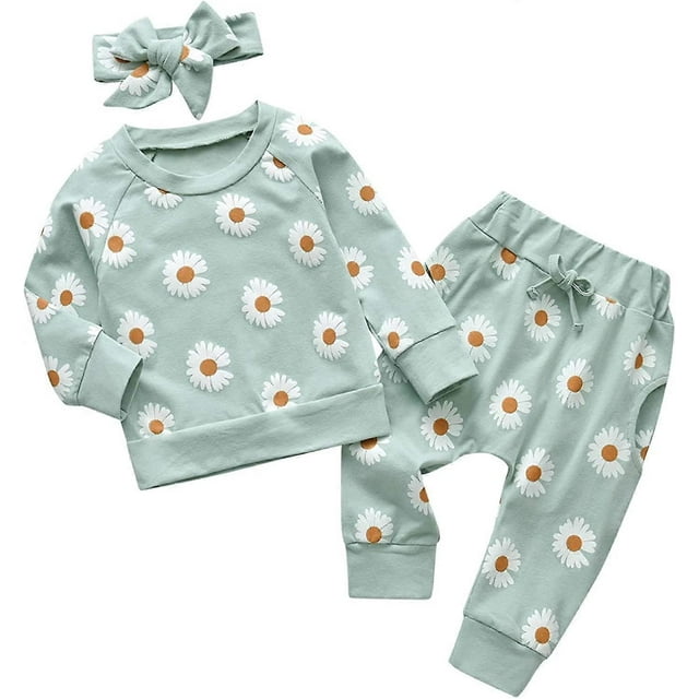 Conjunto de 3 piezas de ropa para bebé niña recién nacida con estampado de flores, camiseta de manga larga, pantalones y diadema.