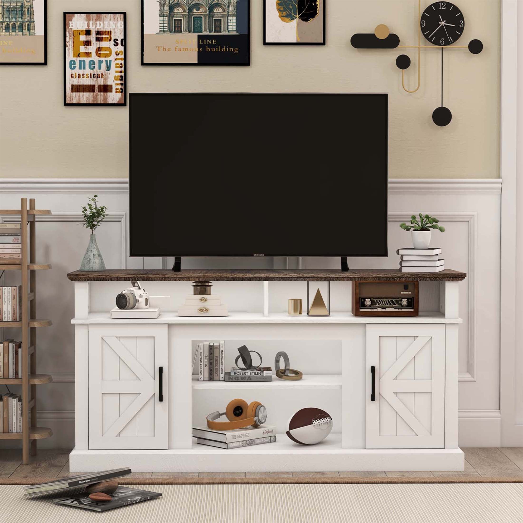 Luban Nese TV Stand for 65 Inch TV, Entertainment Center with Storage Cabinets and Barn Doors, Mid Century Modern Media TV Console Table for Living Room Bedroom (58" White)