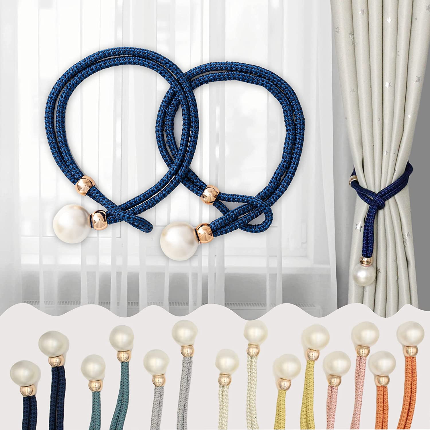Curtain Tiebacks with Pearls 2pcs Heavy Duty Curtain Rope Tieback