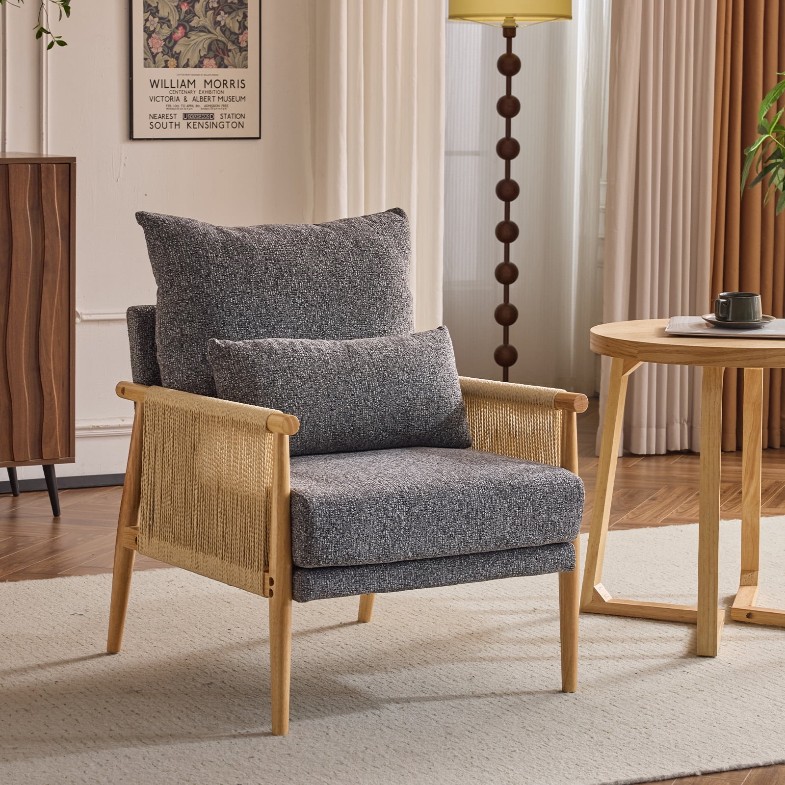 Ktaxon Accent Chair, Solid Wood and Jute Rope Armrests Armchair, Single sofa with Lumbar Pillow for Living Room Bedroom Office Dark Gray