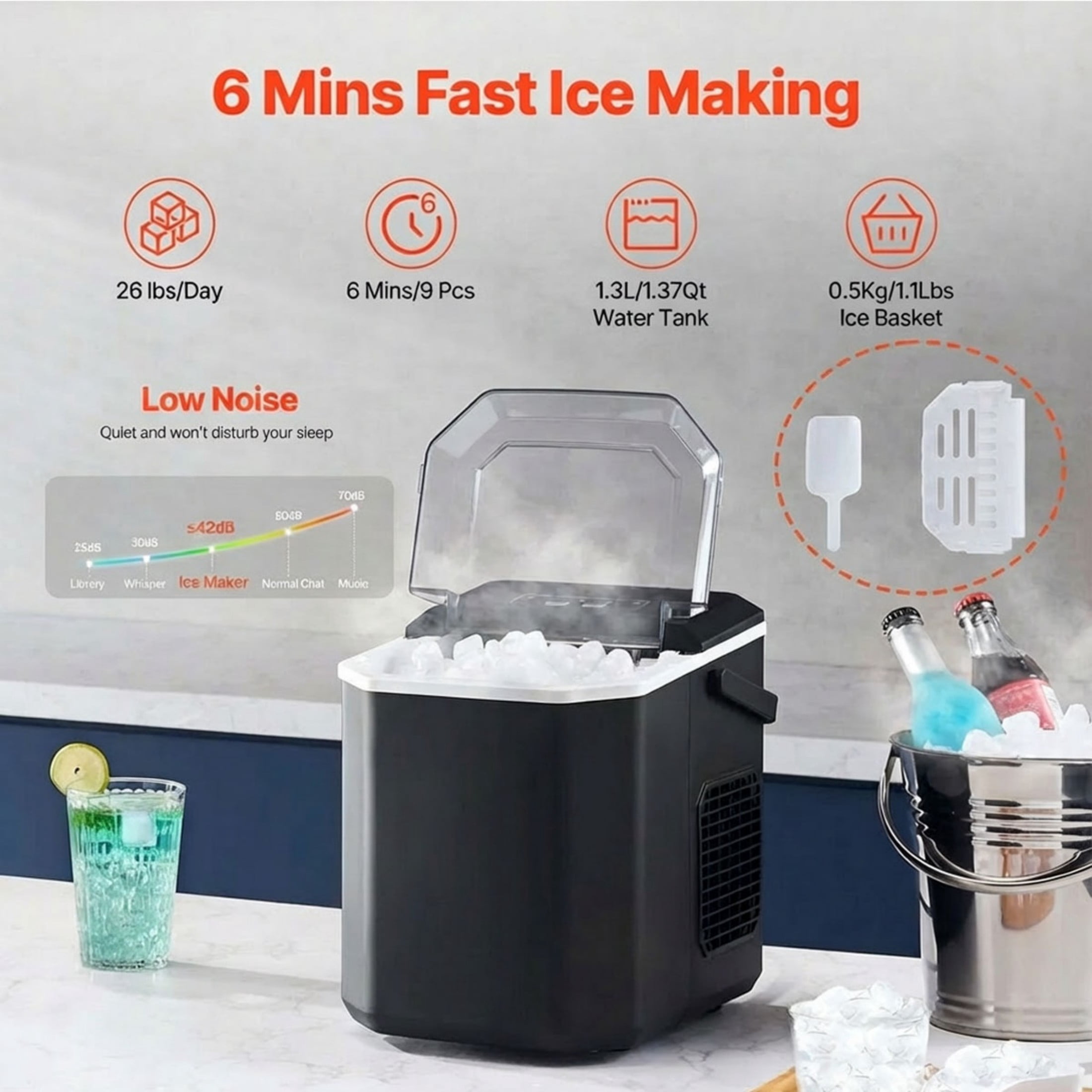 Countertop Ice Maker, 9 Cubes in 6 Mins/26lbs per Day, Self-Cleaning with 2 Bullet Sizes, for Home, Office, Party