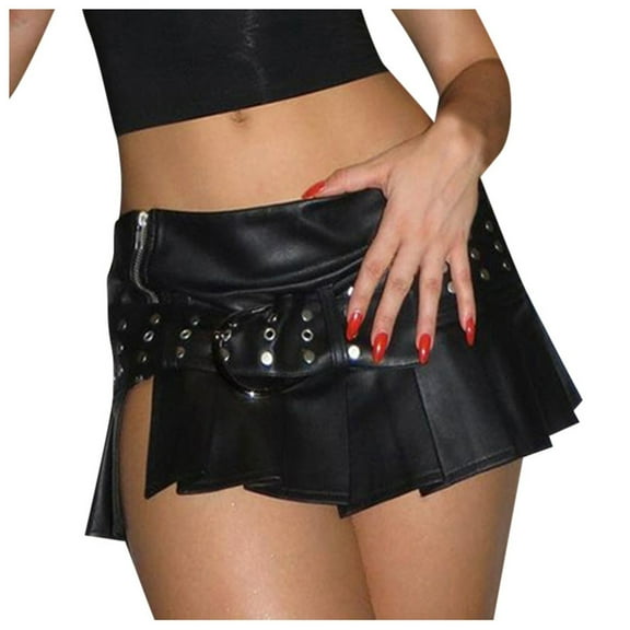 Women's Punk Studded Leather Skirt Low Waist A Line Pleated Mini With Buckle Belt Edgy Gothic Fashion Style