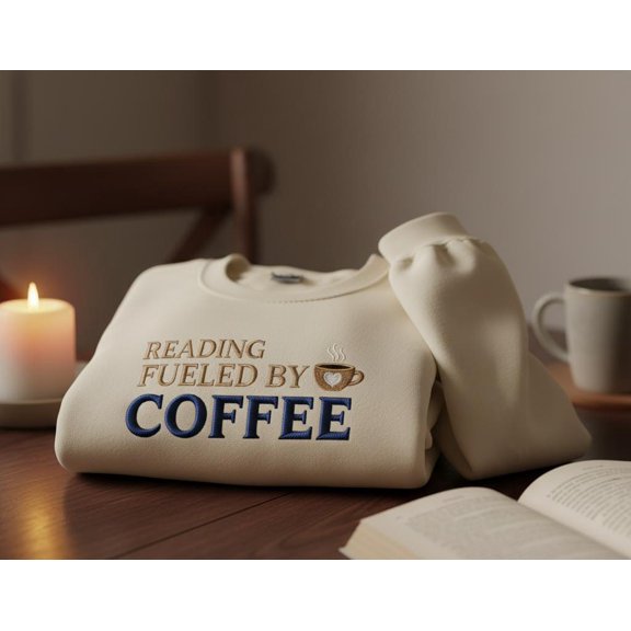 Reading Fueled By Coffee Embroidered Sweatshirt – Book Lover Cozy Crewneck – Reader & Coffee Lover Gift