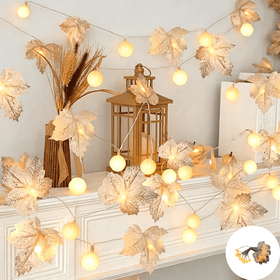 Battery Operated Fall Maple Leaf Pumpkin LED String Lights, Artificial Autumn Garland Lights, Warm White Fairy Lights For Mantel Stair Table Indoor Outdoor Halloween Thanksgiving Seasonal Home Decor