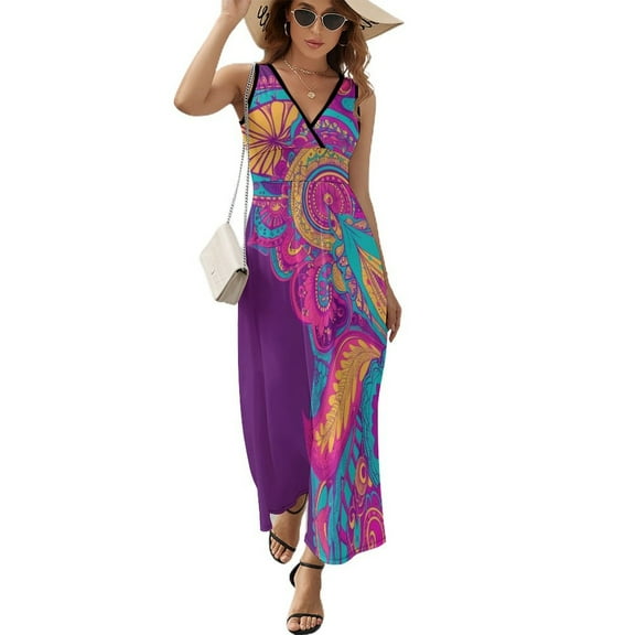 Vibrant Colorful Paisley Floral Design Art King Size Sleeveless Dress Dresses Summer Women Dresses Clothing Woman Dresses Dress