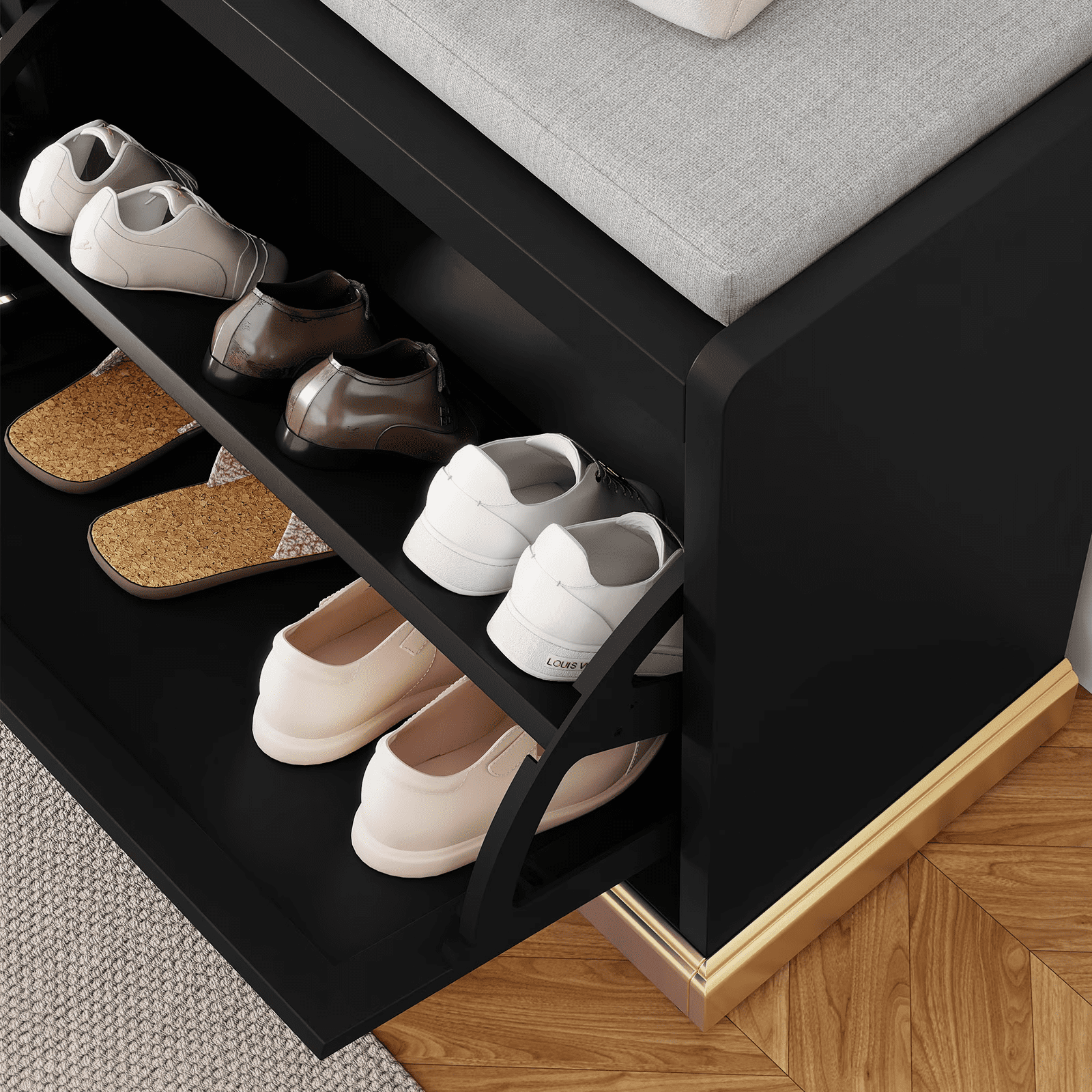 Modern Shoe Bench with Storage, Entryway Bench with 2 Flip Drawers & Padded Cushion Seat, Upholstered Shoe Rack Organizer for Hallway, Closet, Living Room