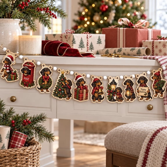 Garland Ornament, Dachshund Christmas Wooden Mantel Decor for Dog Lovers