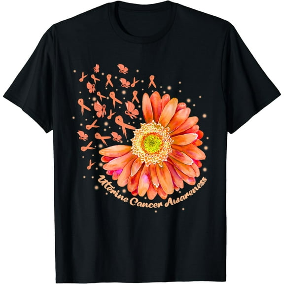 Daisy Butterfly Peach Ribbon Uterine Cancer Awareness T-Shirt
