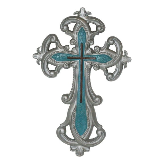 Southwestern Silver Fleur De Lis Scroll Art With Layered Turquoise Wall Cross