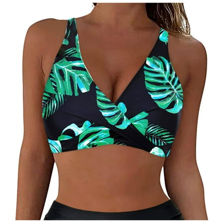 Womens Swim Tops with Bra Women Lace Up Swimwear Tops Full Coverage Bikini Top Push Up Swim Crop Top Tie Back Bathing Suit Tops Female Womens Bikini & Tankini Tops(Dark Green XXL)