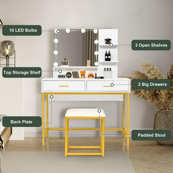 BaytoCare Vanity Set Makeup Vanity Table Set with Lighted Mirror & Stool, Modern Dressing Table with 10 LED Lighting Bulbs, 2 Large Drawers and Storage Shelf for Women & Girls,White & Gold