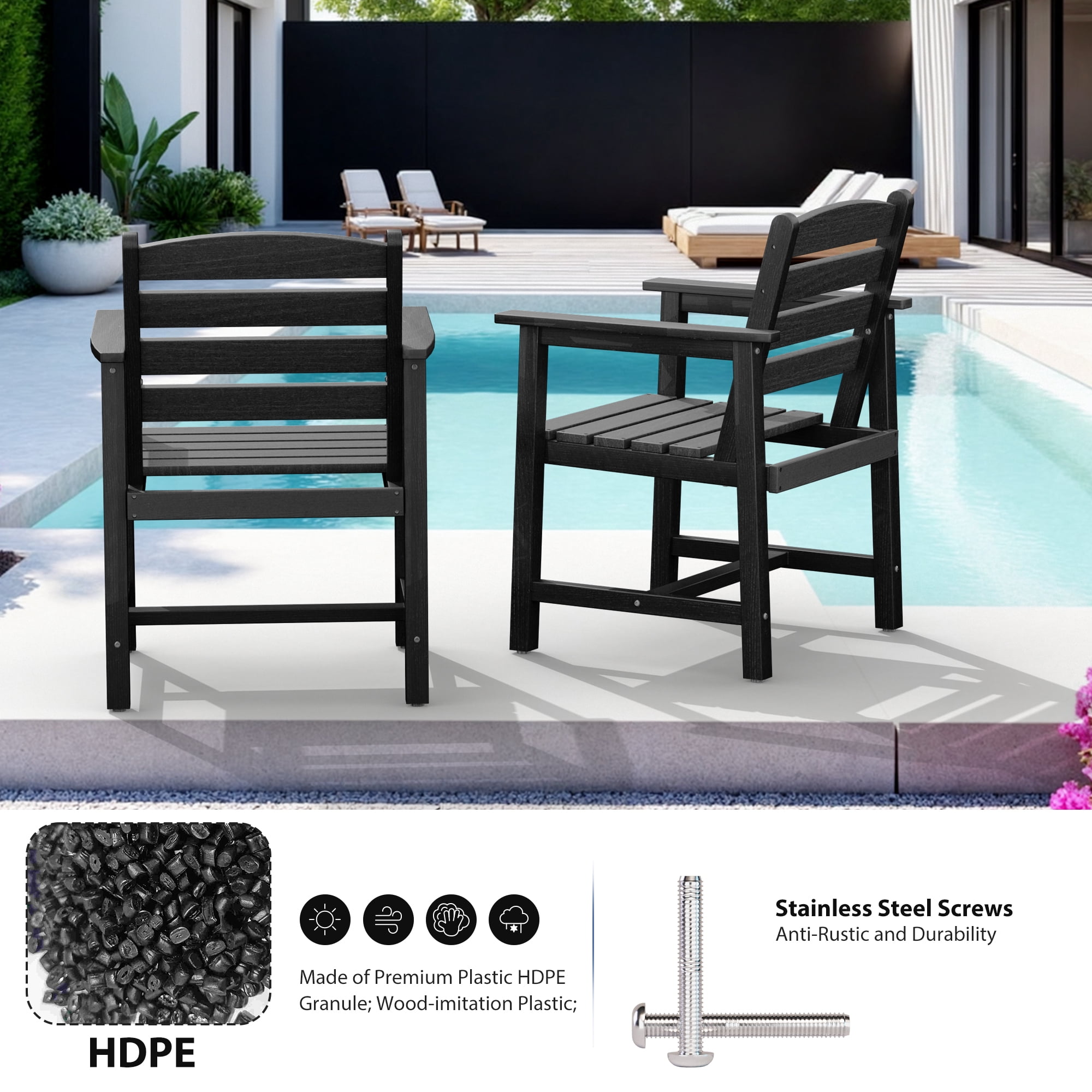 Eclife Set of 2 outdoor patio dining chairs Plastic Plywood Weather Resistant for Balcony Deck Pool Lawn Garden Backyard, Black
