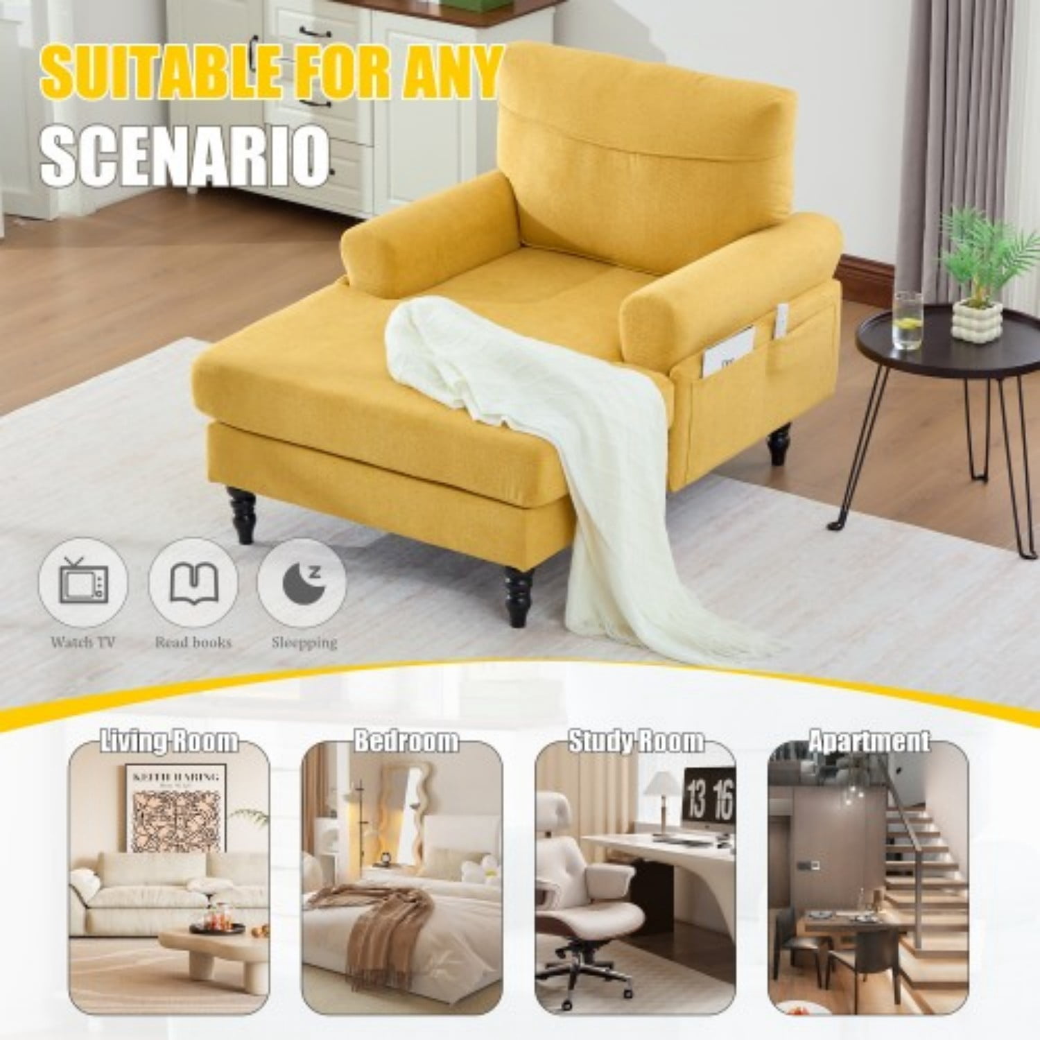 Chenille Chaise Lounge Chair, Oversized Upholstered Recliner Sofa with Wide Seat, High Density Foam Backrest, Solid Wood Legs & Side Pockets for Living Room, Bedroom, Office, Mustard yellow