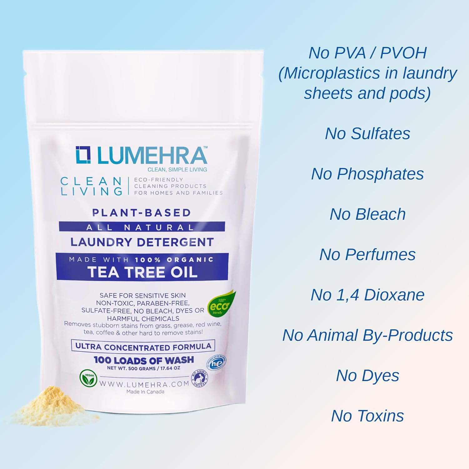 Lumehra's Laundry Detergent, Powder Biodegradable Safe for sensitive skin, Kids, Baby non toxic laundry detergent  Scent Tea Tree and Lemon Essential Oils 500 Grams 100 Loads Ultra Concentrated