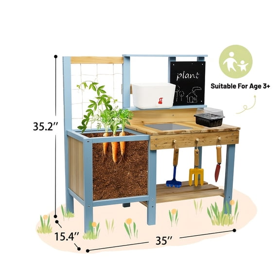 Beipoo Kids Potting Bench, Wood Outdoor Kitchen with Planter Box, Wooden Toy Gardening Center with Sink & Faucet, Blackboard, Garden Accessories, Storage Shelf