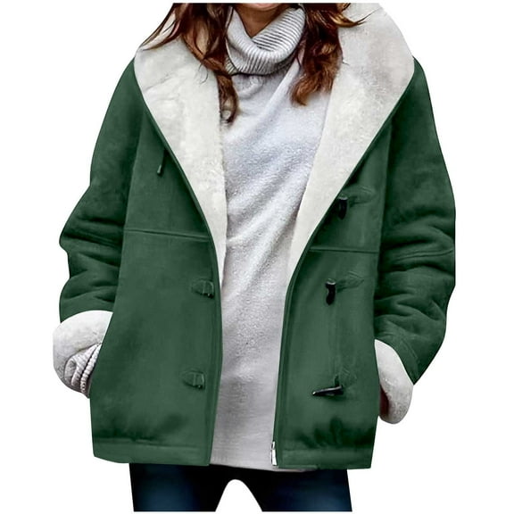 Breezora Women's Loose Fit Lapel Denim Jacket Button Down Warm Lined Coat for Winter Outerwear and Daily Use L Size Blackish Green