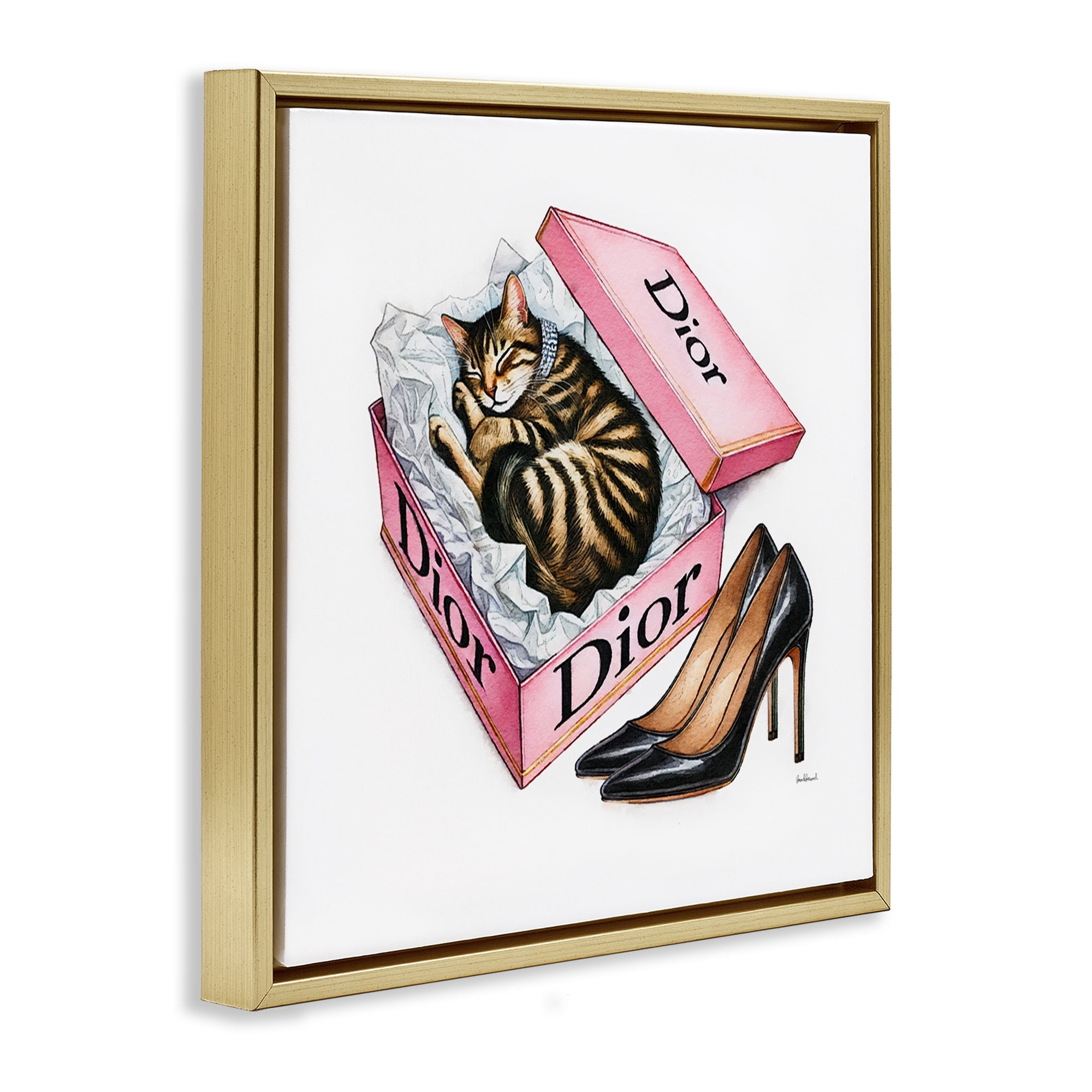 Stupell Industries Pink Shoebox with Kitten Animals Painting Gold Floater Framed Canvas Art Print Wall Art, 25 x 25