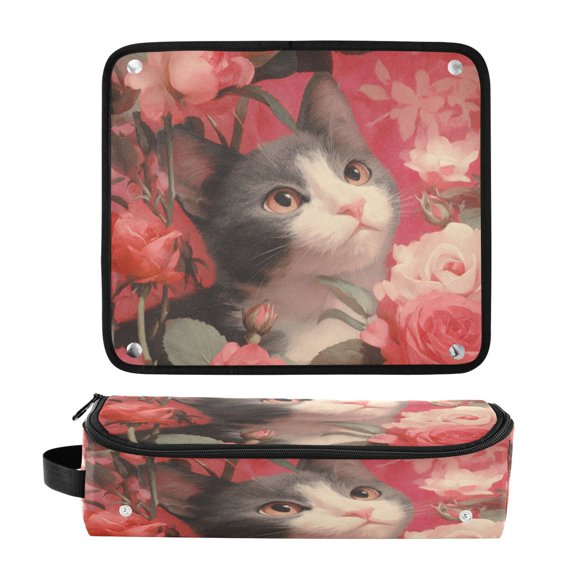 Hair Tool Organizer Bag with Heat Resistant Mat Removable Travel Storage Case for Hot Air Brushes Curling Irons Gray-white Cat with Rose