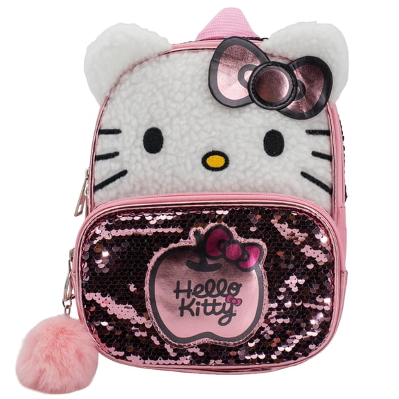 Hello Kitty 9” Micro Mini Backpack Purse Featuring 3D Ears & Bow, Sherpa & Sequin Material, & Pompom Dangle, Pink