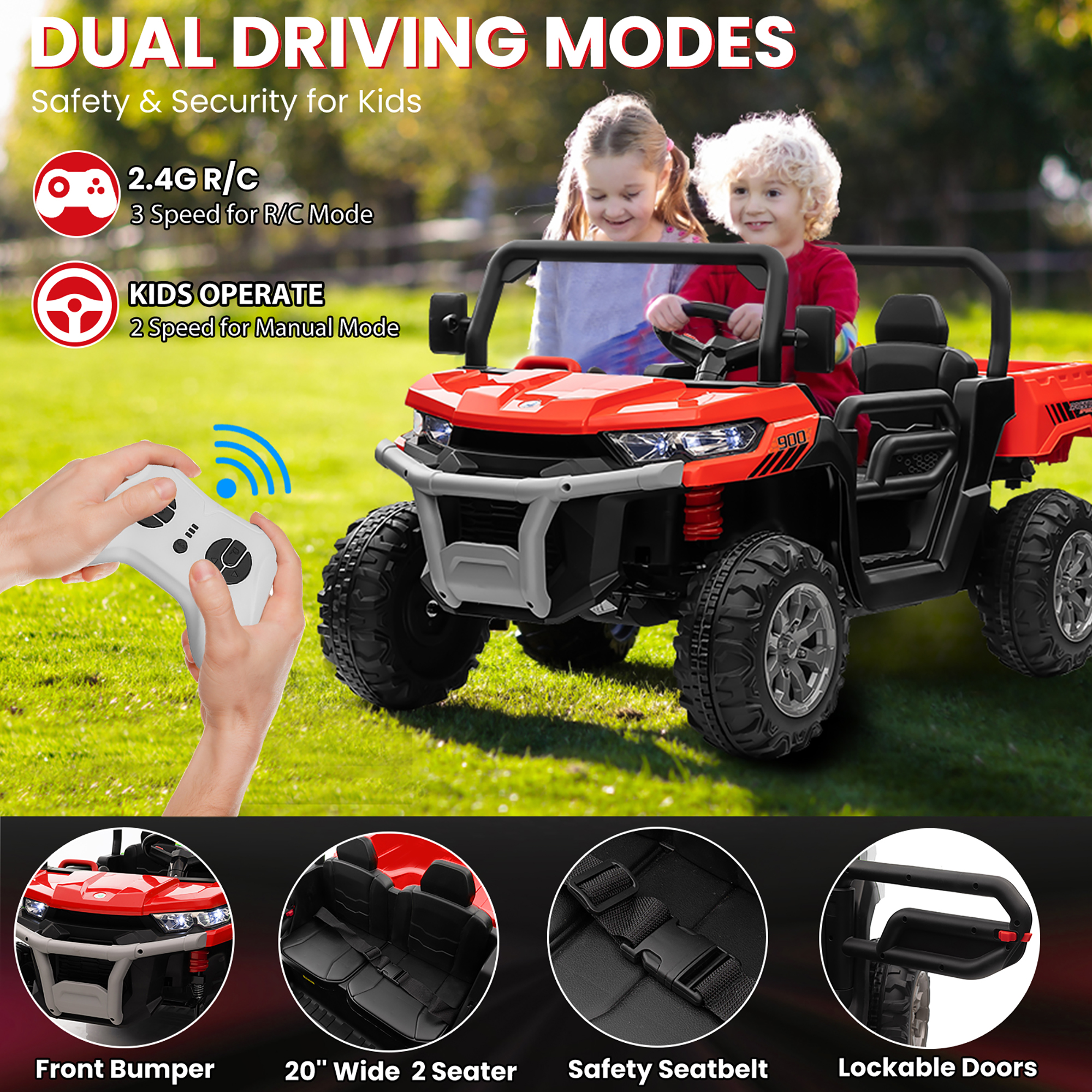 Joyracer 24V Ride on UTV with Remote Control, 2 Seater Ride on Dump Truck Car w/ 2x200W Motor, Electric Battery Powered Ride on Toys with Trailer & Shovel, Horn, MP3, Bluetooth Music for Big Kids, Red - image 5 of 15