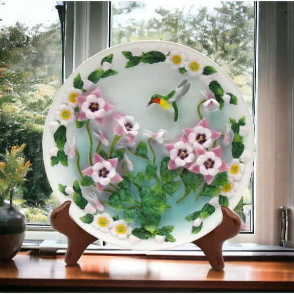Hummingbird Columbine Flowers Decor Plate with Stand 7.5 inch Ceramic