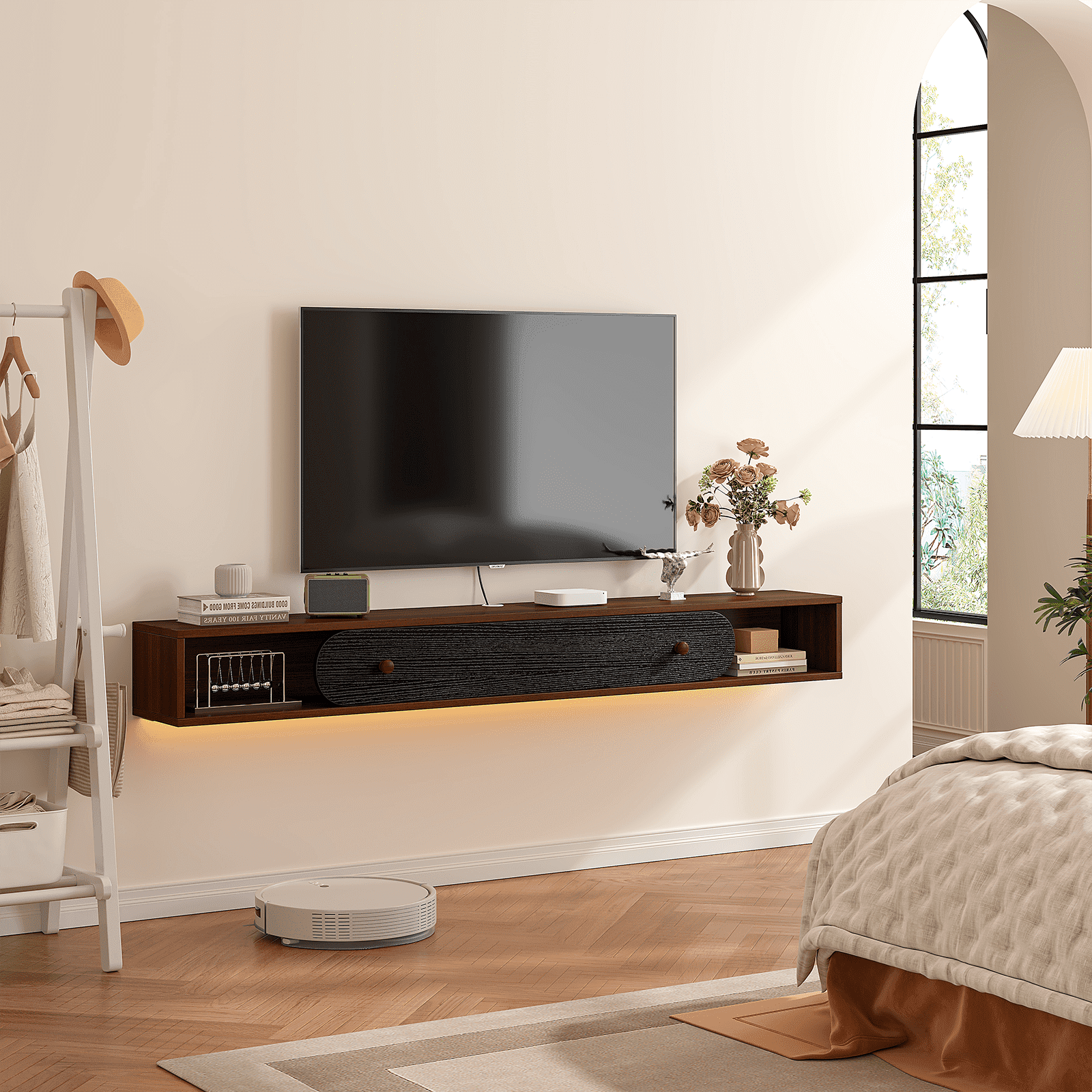 FloatiCasa 47" Wood Grain Floating TV Stand Wall-Mounted Entertainment Center for TVs up to 50" Floating Media Console