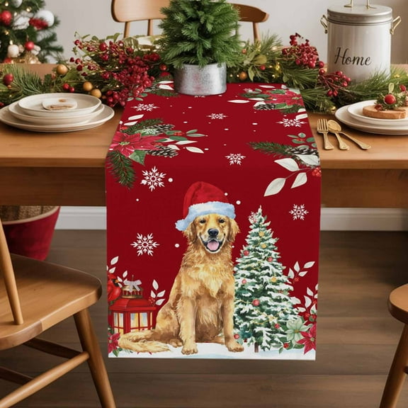 Christmas Dog Cotton Linen Table Runner Winter Snowflake Christmas Tree Poinsettia Red Dining Table Runners for Home Decor Party Dining Room Restaurant Kitchen Party 13" x 90"