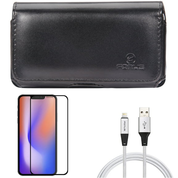 Case Belt Clip & 10ft USB Cable & Screen Protector for iPhone 13/Pro ONLY - Leather Swivel Holster   Charger Cord Power Wire   Anti-Glare Tempered Glass Matte Combo