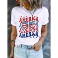 thumbnail image 1 of Camisetas de manga corta para mujer, cuello redondo, estampado floral, ajuste holgado, para verano, otoño 2025Women's Retro Casual Graphic Tee - "AMERICA" Print with American Flag Bow, Short Sleeve,, 1 of 7