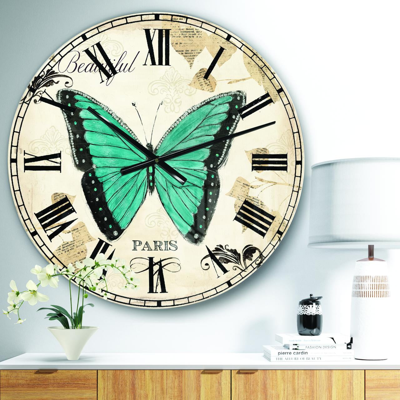 Designart 'Blue Farmhouse Butterfly' Farmhouse wall clock