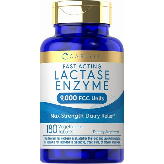 Fast Acting Lactase Enzyme Pills | 9000 FCC | 180 Tablets | Dairy Relief Supplement | by Carlyle