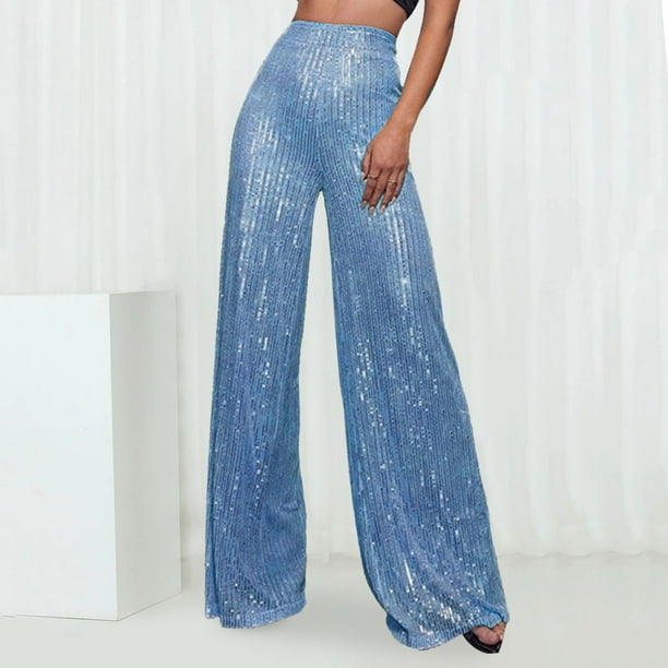 WILLBEST Pantalones Casuales de Lentejuelas de Moda para Mujer, Cintura Alta, Pierna Ancha, Acampanados, Ropa de Discoteca para Mujer, Estilo Brillante, Ajuste Cómodo Extra Grande