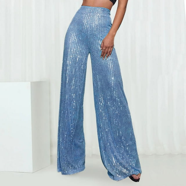 WILLBEST Pantalones Casuales de Lentejuelas de Moda para Mujer, Cintura Alta, Pierna Ancha, Acampanados, Ropa de Discoteca para Mujer, Estilo Brillante, Ajuste Cómodo Chica