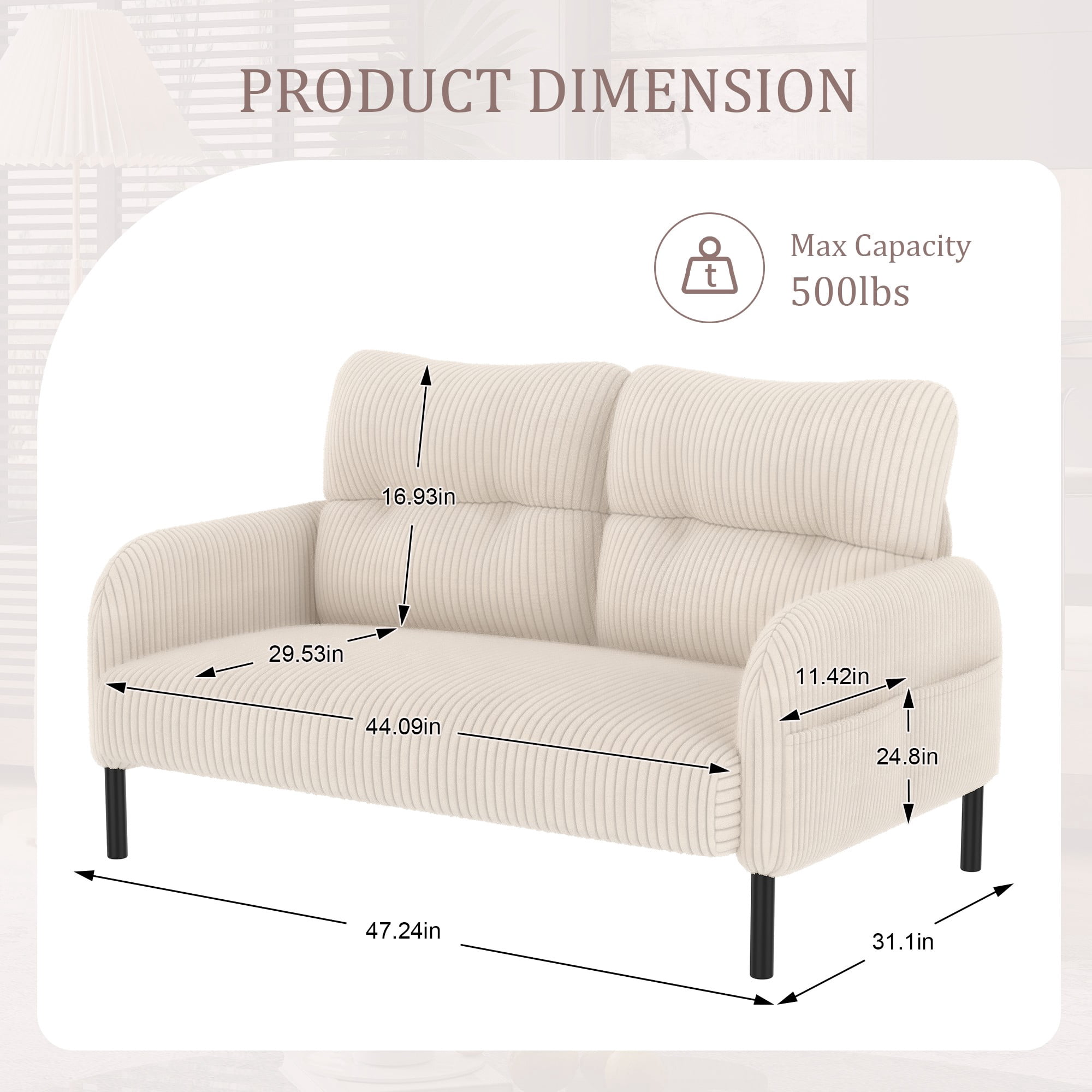 47" Small Loveseat Sofa Couch for Small Spaces,Corduroy Upholstered 2-Seater Love Seats for Apartment, Bedroom,Office,Beige