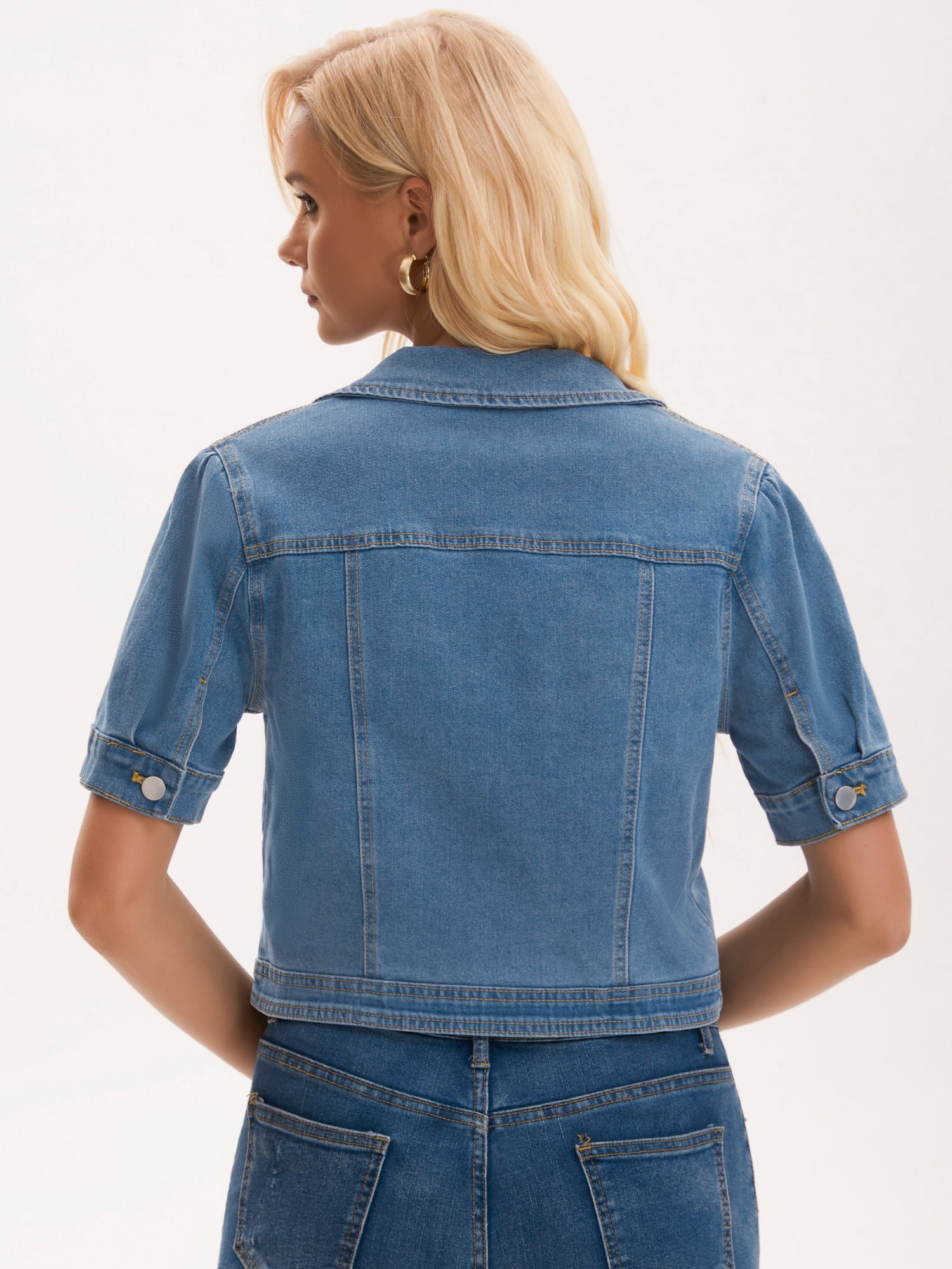 DARING DIVA Women's Short Sleeve Button Down Denim Jackets with Pockets L Light Blue