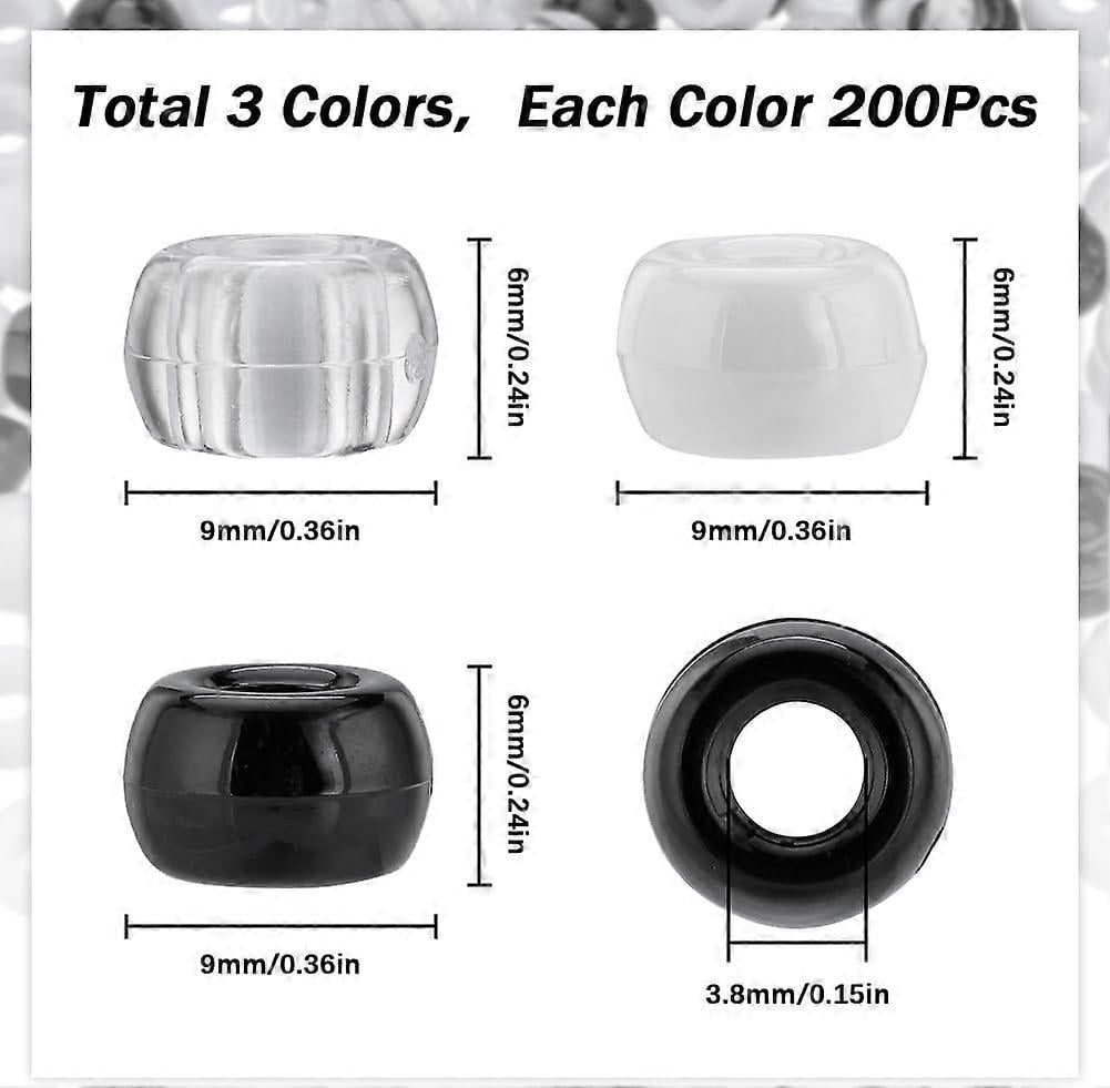 600Pcs Pony Beads Bulk 6x9mm Opaque Pony Beads Black White Plastic Bead Clear Transparent Pony Beads Kit Round Craft Beads for Jewelry Making Beading