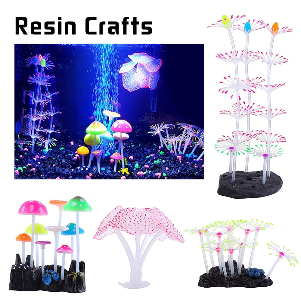 Glow Aquarium Decorations,Fish Tank Deco,Simulation Glow Plant Silicone for Fish Tank Decorations,Coral Reef,Anemone,Mushroom,Floating Plants,4 Pack