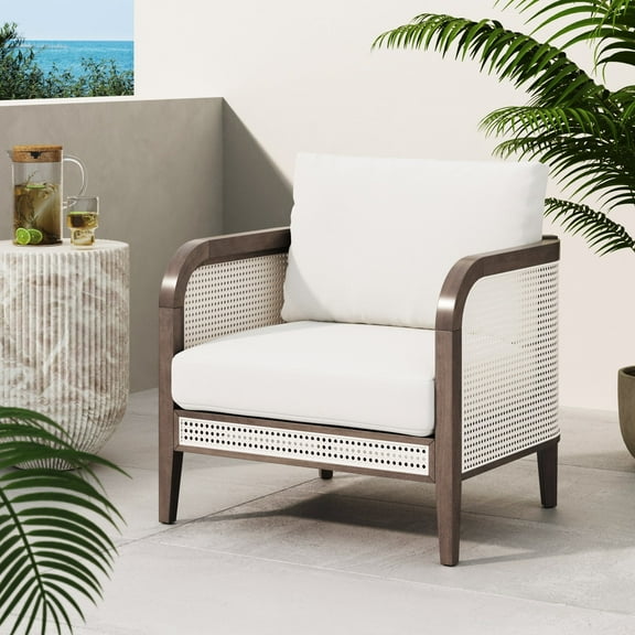 Nathan James Twila Boho Rattan Chair, Outdoor Lounge Chair, Cushioned Patio Chairs with Rattan Arms, Solid Wood Frame, Linen White